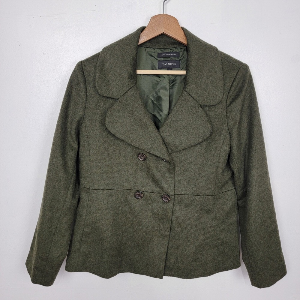 Talbots Blazer Womens 2 Olive Green Wool Lined Double Breasted Career Work Italy
